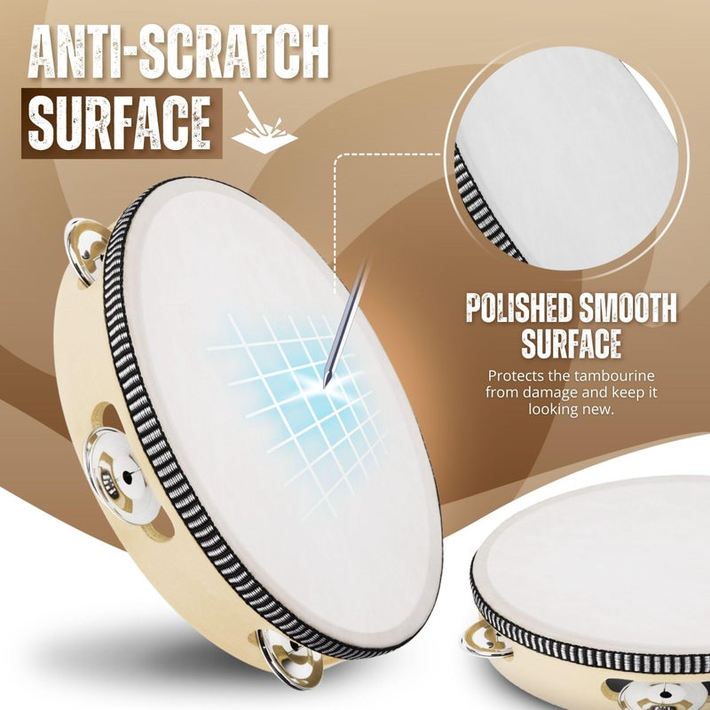 Flexzion Wooden Round Tambourine for Adults 10" Inch Single Row 8 Pair Jingles, Wood Handheld Percussion Instrument for Beginner and Professional Tambourine Player - Image 2